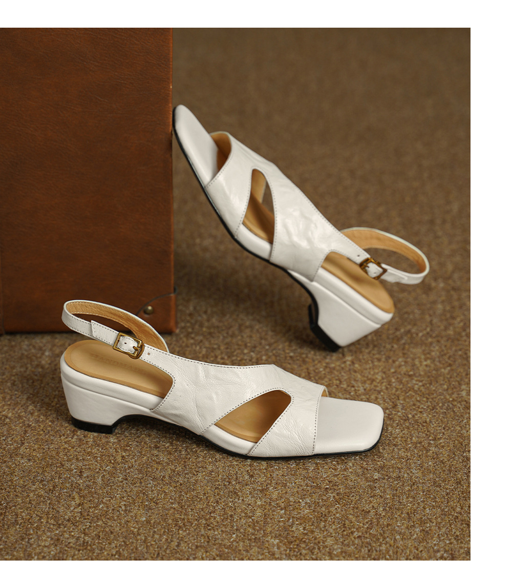 Sandal nữ hở mũi da dê gót thấp 4,5 cm phong cách Hàn Quốc khóa cài đơn giản — đen chi tiết 14