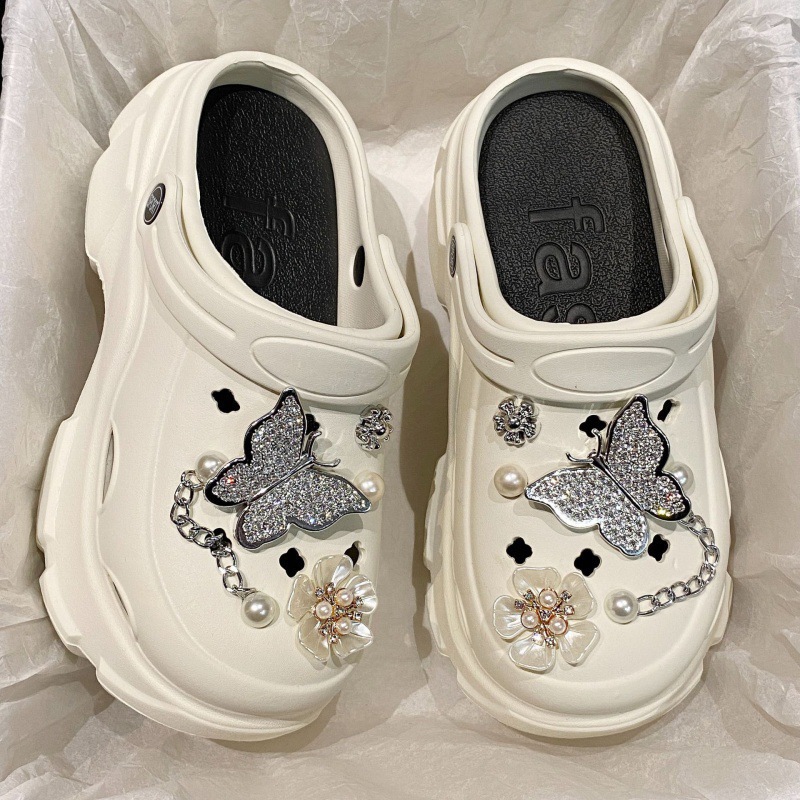 High-End Women's Clogs with Thick Soles, Height-Increasing Rhinestone Butterfly, 2024 New Summer Outdoor Closed-Toe Sandals for Women
