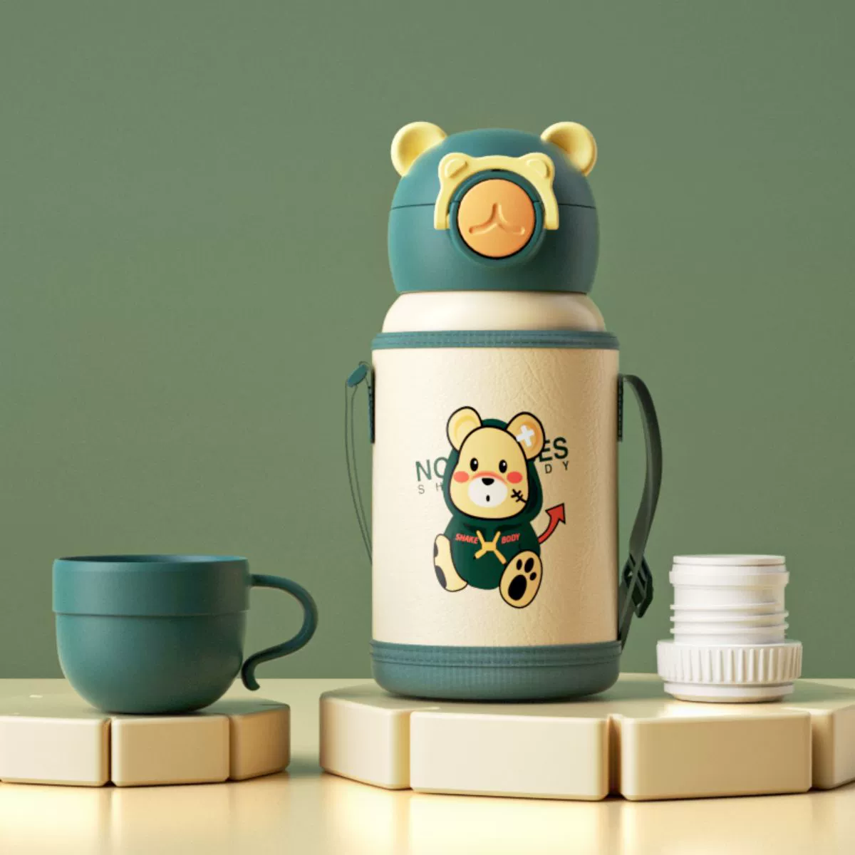 BirthStory Kids Glass Bottle with Stainless Straw, 600ml, 316 Triple Cover, Colorful Shoulder Bag