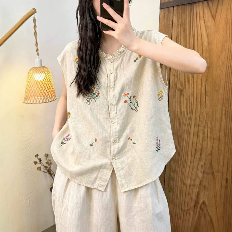 2026 Summer New Style Simple Floral Embroidered Crochet Linen Shirt Loose Round Neck Cardigan Inner Top for Women