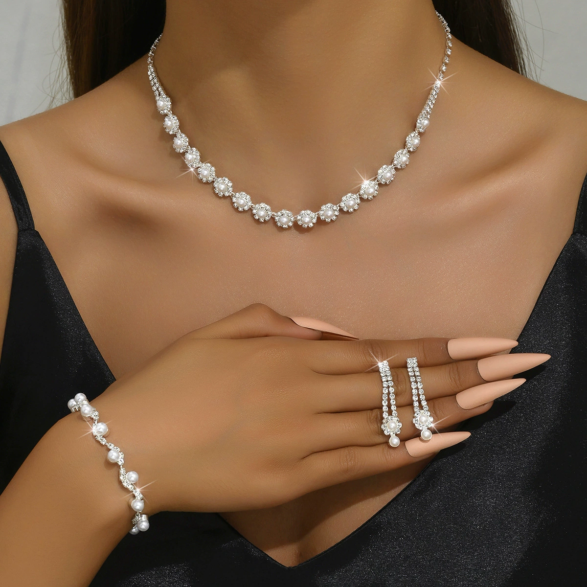 Fashionable silver accessory for bride, beads from pearl, necklace and earrings, bracelet, jewelry, set, Korean style