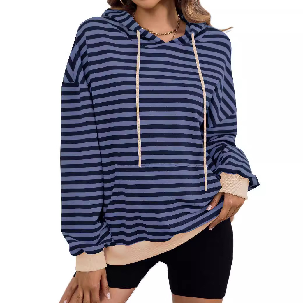 Autumn And Winter Printed Striped Hooded Color Block Pocket Sweatshirt_voghion.com