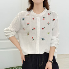 双层纱刺绣长袖衬衫2025日系森系翻领单排扣显瘦百搭宽松上衣女