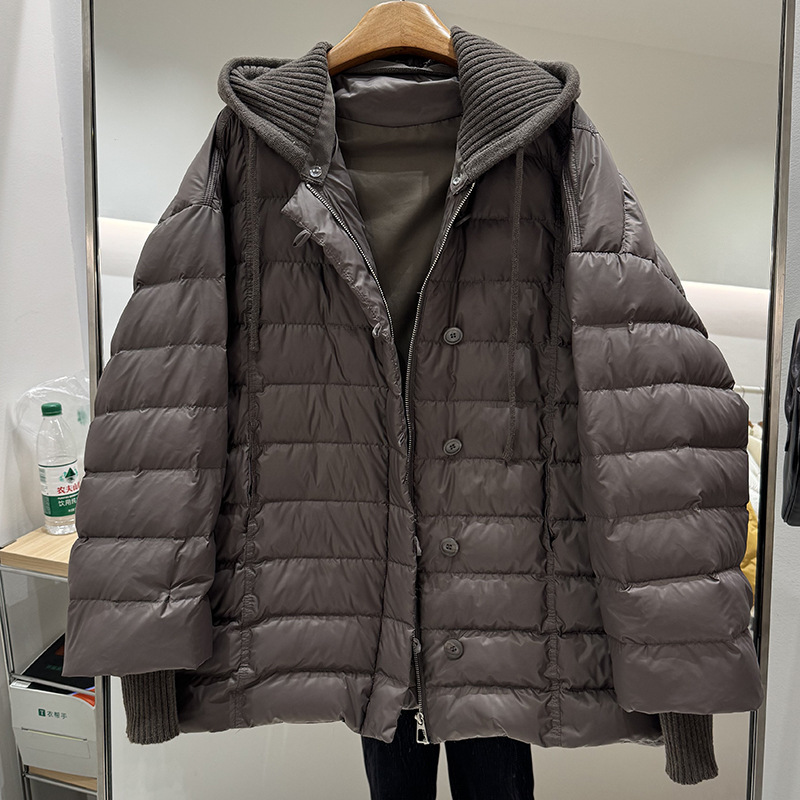 韩版可脱卸针织帽羽绒服女中长款2025新款宽松保暖白鸭绒冬季外套|undefined
