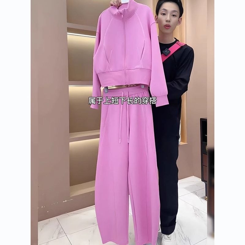 简约大方休闲运动套装女2025秋新款欧货蓝色外套上衣阔腿裤两件套|undefined