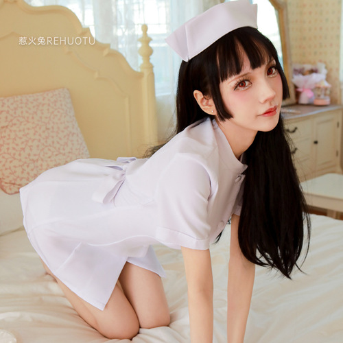 Hot Rabbit 2 New Sexy Lingerie Sexy Round Neck Passionate Hot Short Skirt Straps Nurse Uniform Temptation Set