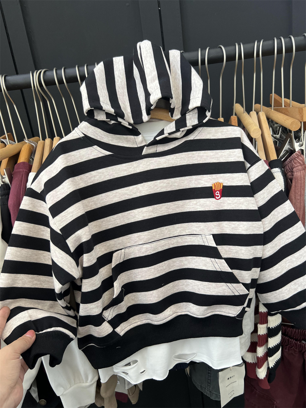 Felpa con cappuccio a righe con patatine fritte americane per bambini, per ragazzi e ragazze, stile autunnale, felpa con cappuccio a maniche lunghe_voghion.com