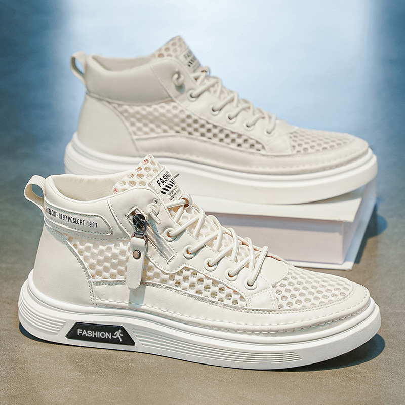 2026 primavera tendencia nueva malla hueca transpirable con suela gruesa zapatos casuales para hombres explosión de zapatos anti-deslizantes de alta altura