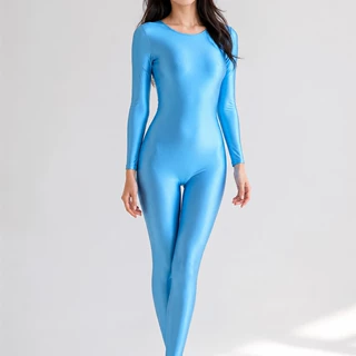 批发紧身连体服光泽丝纯色打底圆领体服塑身丝滑高叉舍宾形体体操