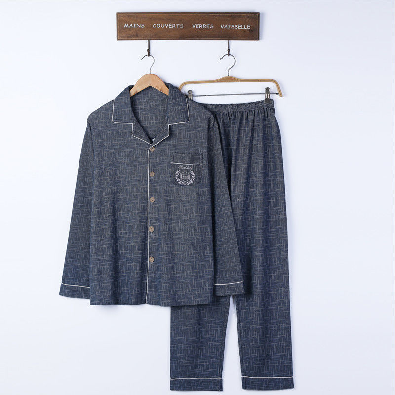 100% pijamas de algodón de primavera y otoño de los hombres de manga larga joven y de mediana edad Otoño e Invierno flojo cardigan traje de desgaste para el hogar