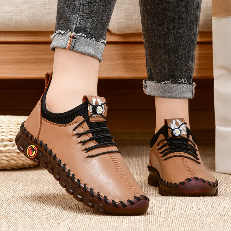 Giày nữ đế mềm khâu tay da thoáng khí, đế cao su giảm sốc, gót vừa 3-5 cm — 6065 Màu Đỏ, 6065 kaki, 6065 màu đen, Màu trắng 6065