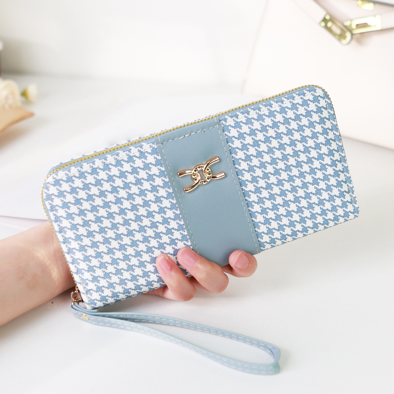 Etiqueta transfronteriza nueva billetera de mujer de pata de gallo billetera larga con estampado de cremallera billetera de moda bolso de tarjeta de teléfono móvil