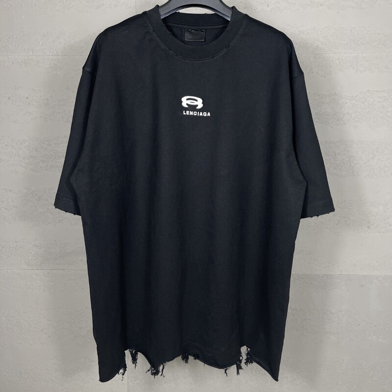 Paris High Version 2024 Spring/Summer New B Double Ring LOGO Embroidery Worsted Hem Destroy Old Short Sleeve T-Shirt