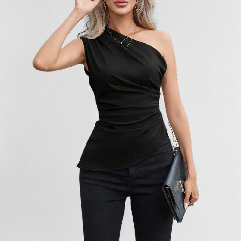 Transfronterizo 2025 primavera nuevo temperamento elegante chaleco inclinado sexy plisado delgado delgado e irregular top mujer image 8
