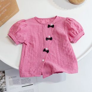 2025 New Summer Style Girls Korean Style Summer Puff Sleeve Short-Sleeved Shirt Baby Girl Fresh Bow Top Trendy