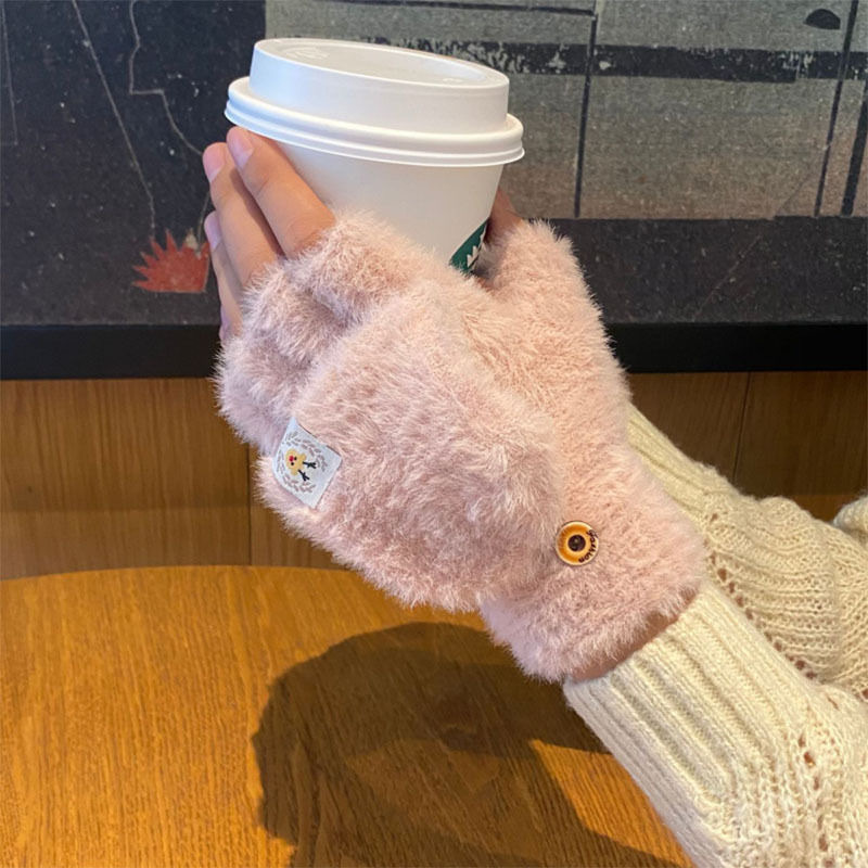 Invierno de las mujeres cálido forrado de lana engrosada estudiante escritura de moda montar lindo punto medio dedo flip guantes de dibujos animados
