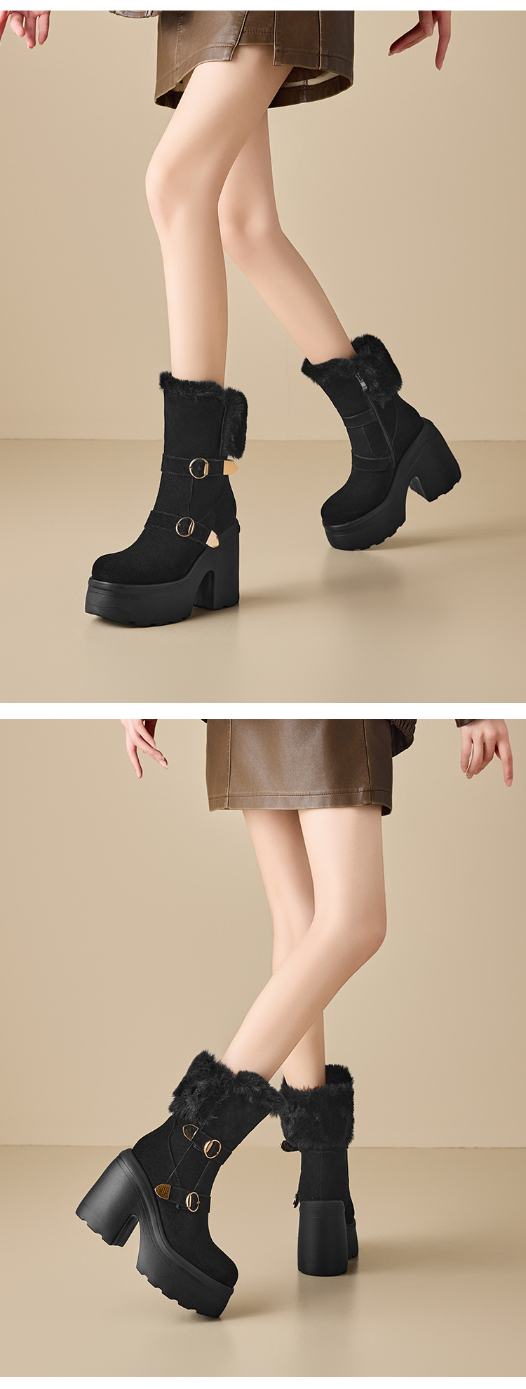 Boot nữ cổ cao ôm bắp chân đế dày 12 cm mũi tròn khóa thắt lưng — nhung nâu chi tiết 7