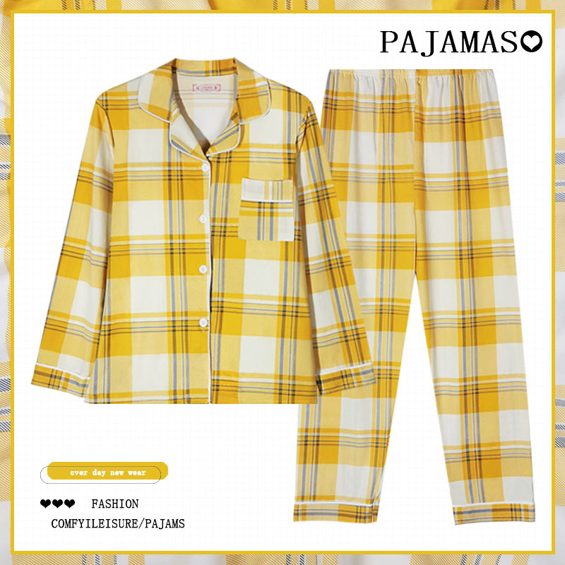 Pijamas a cuadros de algodón para mujer primavera y otoño 2025 nuevo estilo lindo traje de servicio a domicilio de manga larga de perro de pudín estilo ins