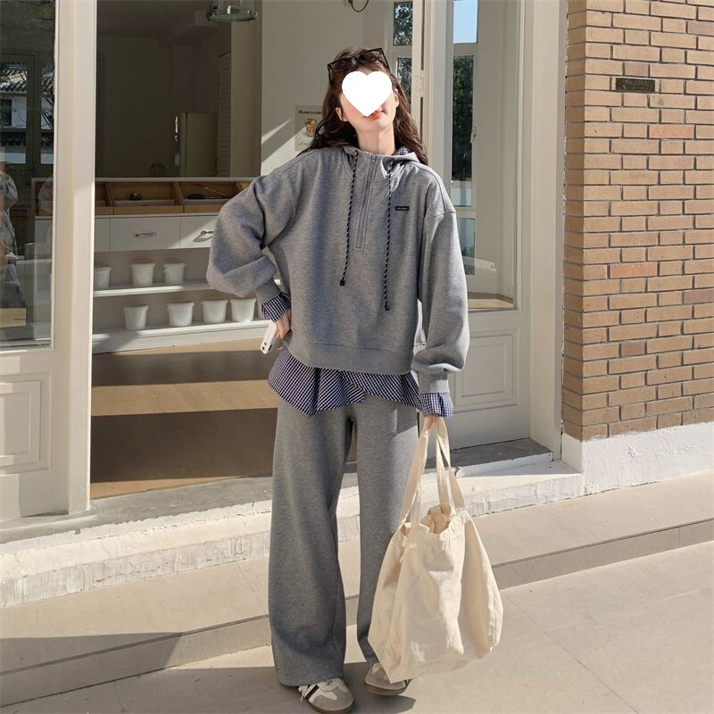 大码学院风休闲运动套装女秋季新款胖MM宽松连帽卫衣阔腿裤两件套|undefined