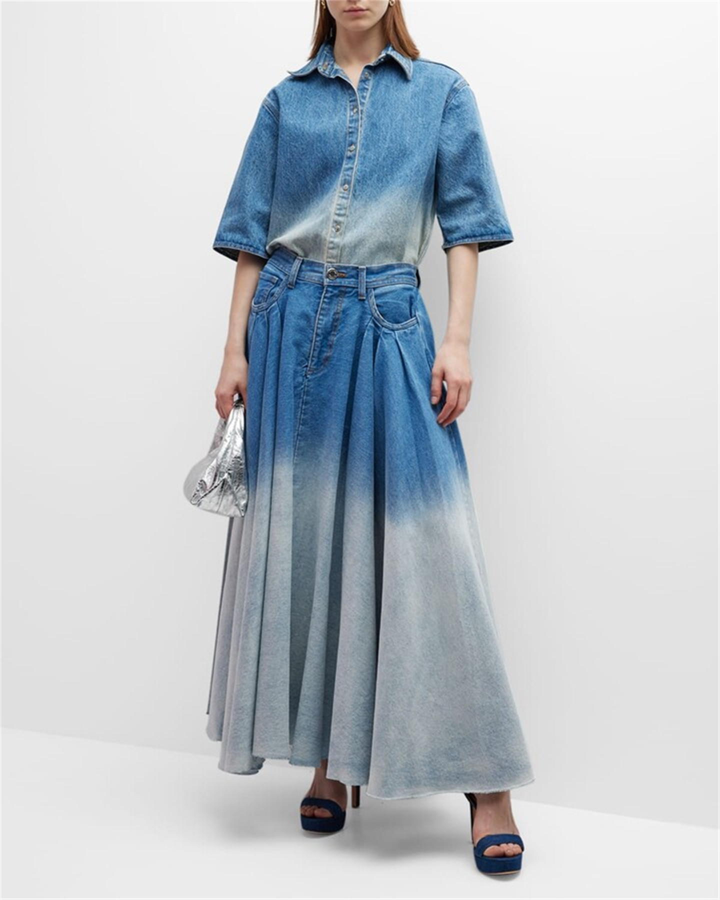 Dame high waist denim midi nederdel med bindebånd og gradient_voghion.com