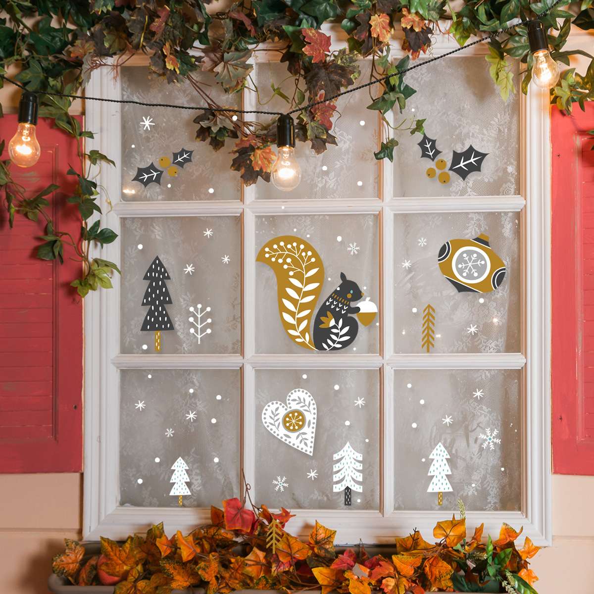 Christmas Squirrel Forest Snowflake Glass Sticker Wall Decal_voghion.com