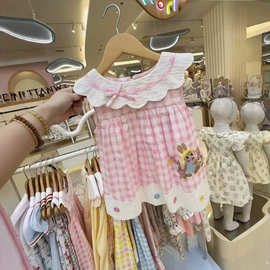 26夏季 女宝宝可爱刺绣连衣裙粉白格兔子绣花洋气公主裙花边领