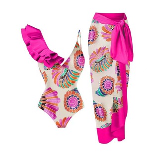 2023 new European and American style retro printed one-piece swimsuit women's hot spring vacation beach dress two-piece swimsuit