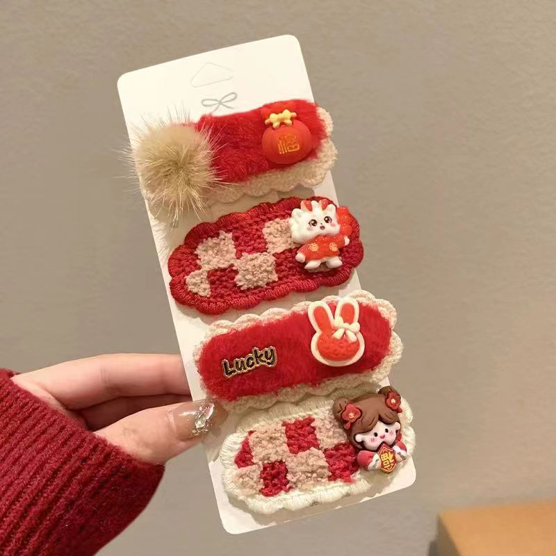 新年毛絨髮夾女中國風喜慶前額劉海側邊夾子頭飾兒童新年bb夾發卡