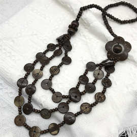 necklace自然风木质长项链棕色复古花朵图案棉麻风项饰跨境亚马逊