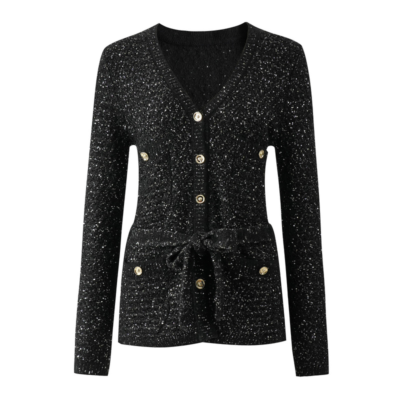 2026 Autumn/Winter French Socialite Style V-Neck Gold Sequin Tie Pocket High-End Chic Mid-Length Cardigan