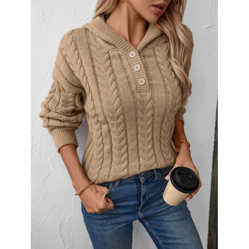 Pull à capuche épais style rétro automne/hiver pour femme avec fermeture boutonnée et maille torsadée_voghion.com