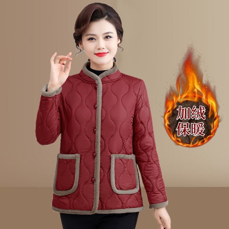 Winter cotton-padded jacket for middle-aged and elderly women, with fleece lining, stand-up collar, solid color, wool-lined, warm coat, stylish and loose-fitting cotton-padded coat for mothers Winter cotton-padded jacket for middle-aged and elderly women, with fleece lining, stand-up collar, solid color, wool-lined, warm coat, stylish and loose-fitting cotton-padded coat for mothers