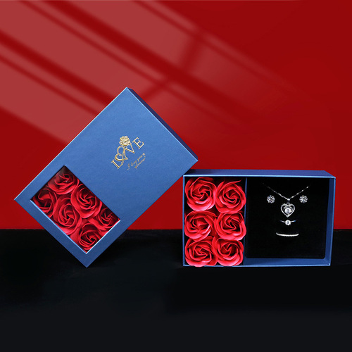 Valentine's Day Rose Gift Box with Window Top Cover, 6 Soap Flowers, Pendant, Ring, Earrings, Decorative Packaging Box