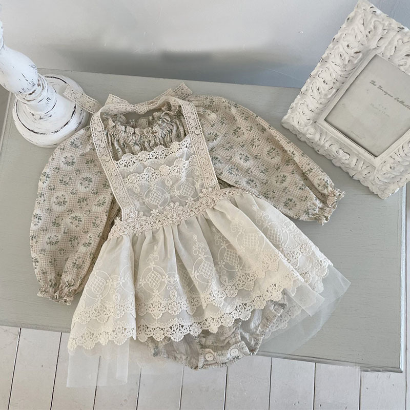 Estilo coreano ins ropa para niños primavera y otoño niñas de moda encaje exterior delantal vestido bebé princesa encaje falda