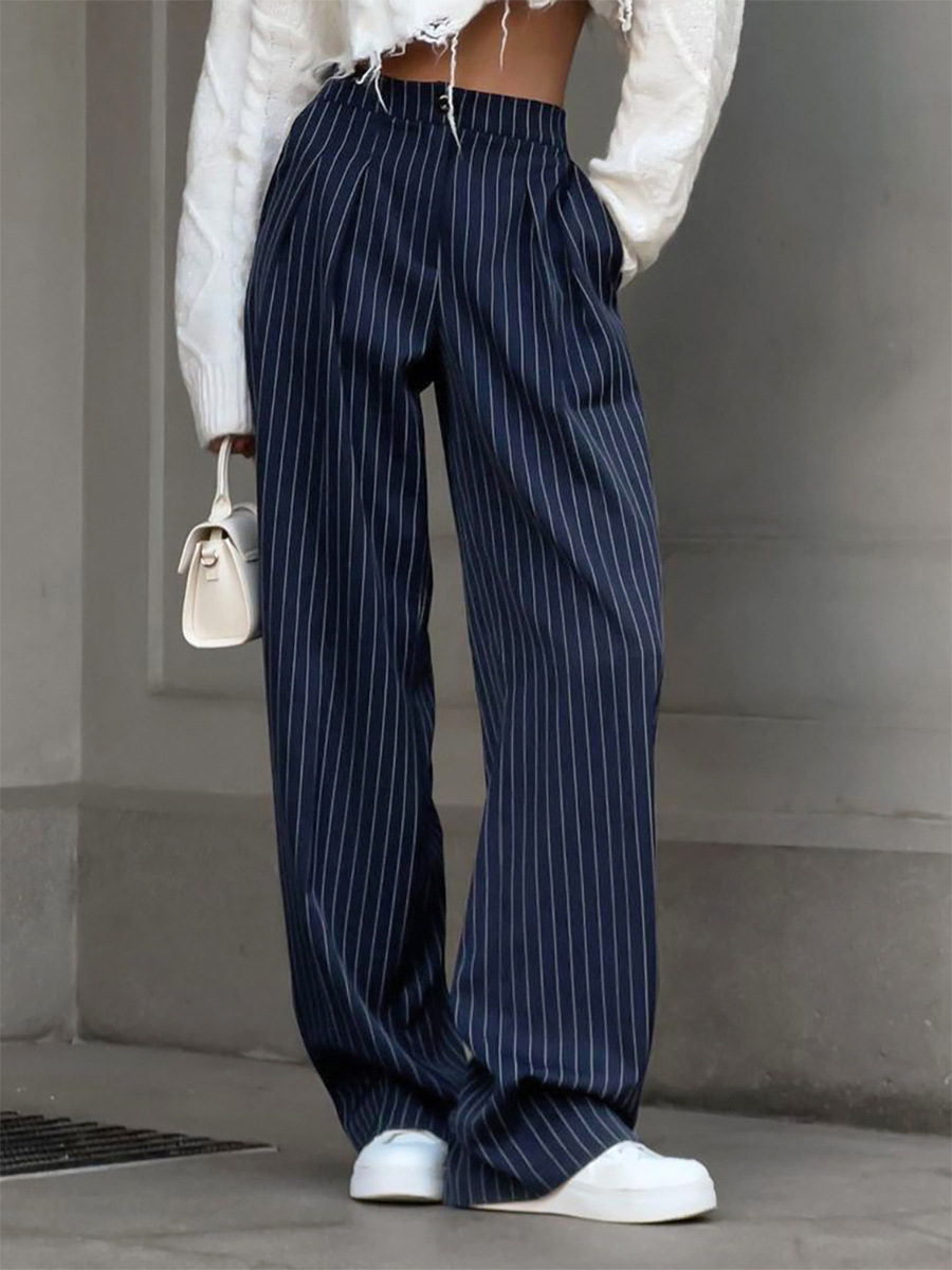 Pantalones a rayas rectos transfronterizos Europa y los Estados Unidos 2025 otoño nuevos pantalones largos de piernas largas sueltos de moda traje de viaje pantalones mujeres image 3