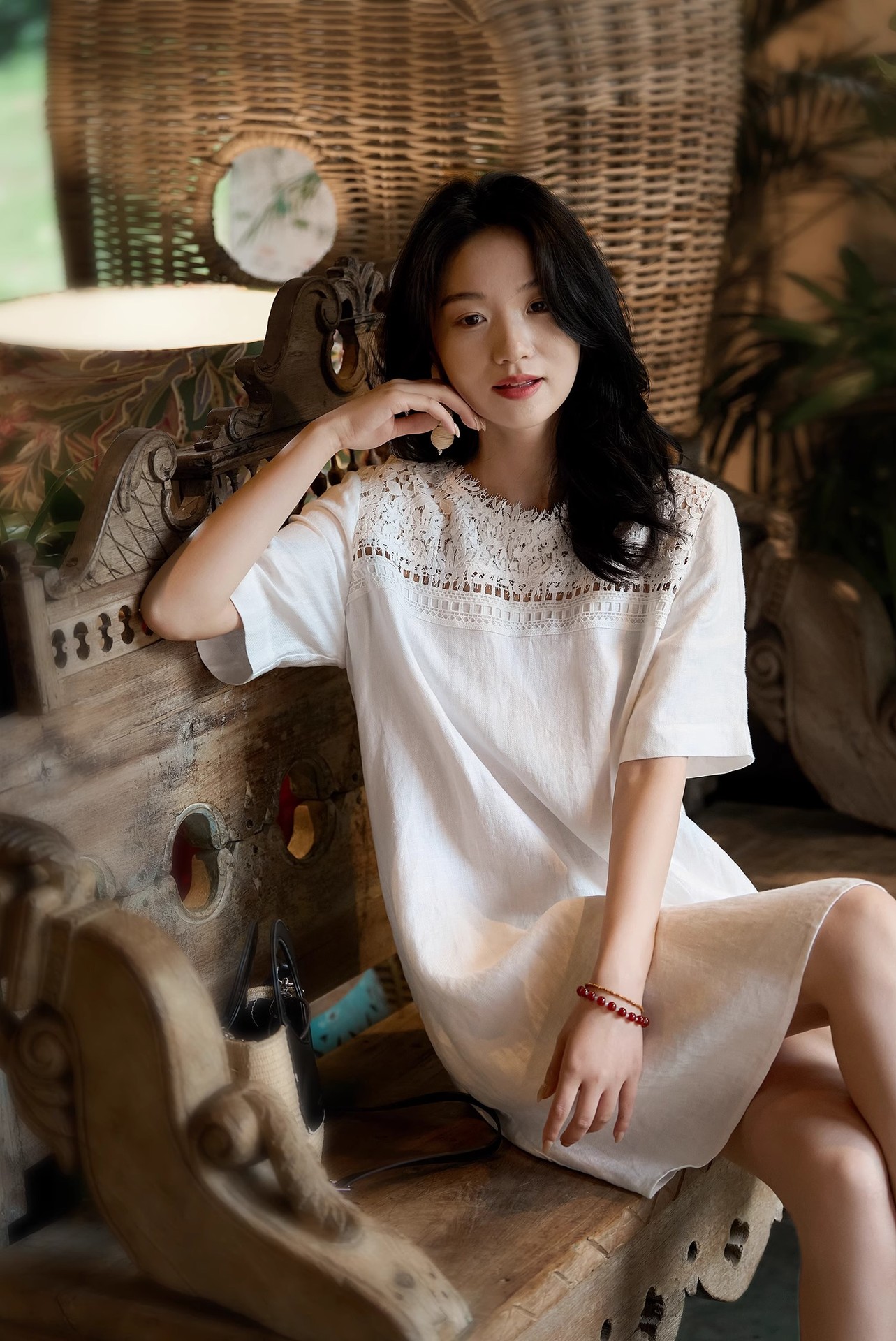 Váy linen trắng dáng suông cổ tròn đa năng — trắng chi tiết 2
