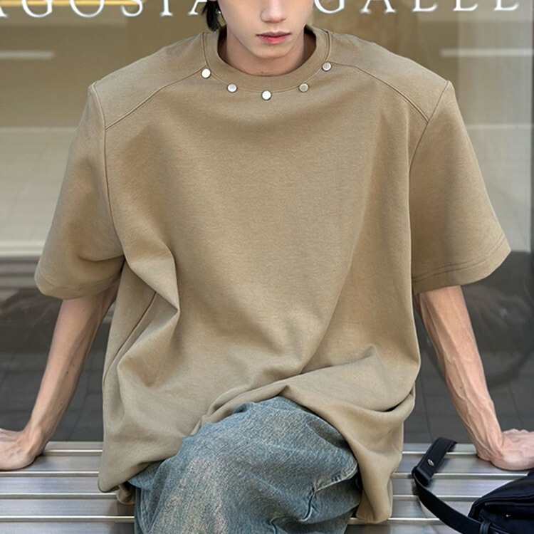 Trendy Fashion Padded Shoulder Short-Sleeve T-Shirt for Men, New Summer Niche Design, Stylish Trendy Brand Half-Sleeve Top