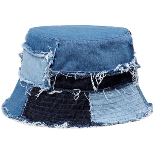 Japanese designer boutique style ragged denim patchwork color-block fisherman hat fashionable street versatile bucket hat