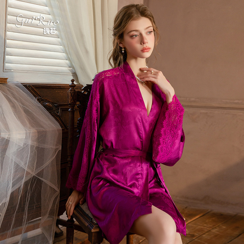 Gorgeous Sexy Solid Color Open-Front Lace-Up Satin Jacquard Lace Bell-Sleeve Women's Nightgown Bathrobe Loungewear Xk6556 Gorgeous Sexy Solid Color Open-Front Lace-Up Satin Jacquard Lace Bell-Sleeve Women's Nightgown Bathrobe Loungewear Xk6556
