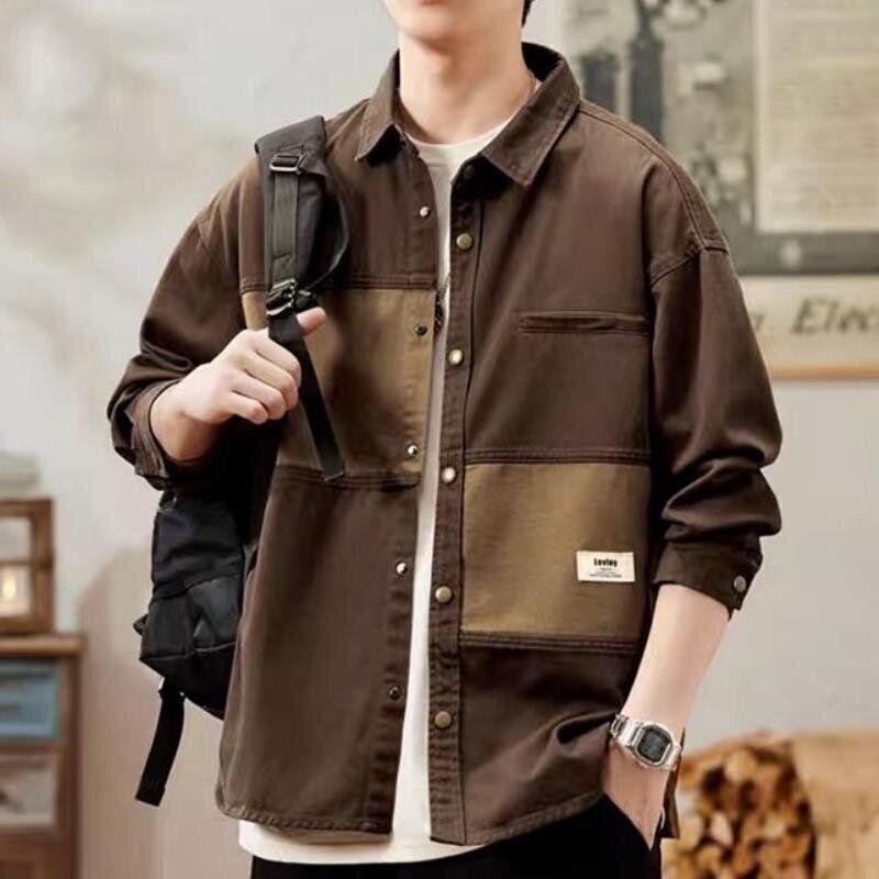 Spring and Autumn Heavy-Duty Work Shirts for Men, Japanese-Style Autumn Trendy Casual Tops, French-Style Patchwork Jackets for Men Spring and Autumn Heavy-Duty Work Shirts for Men, Japanese-Style Autumn Trendy Casual Tops, French-Style Patchwork Jackets for Men