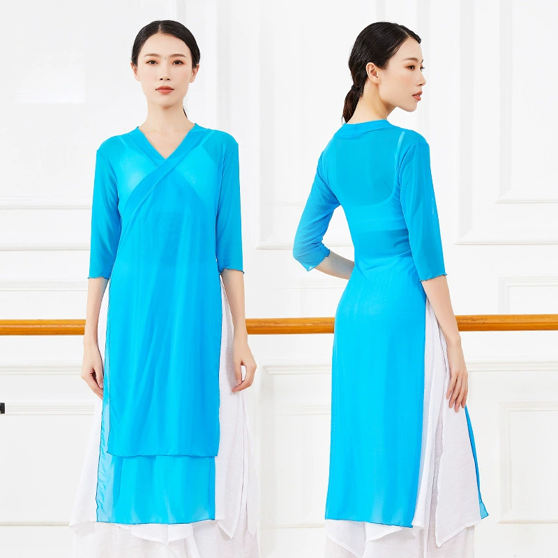 Классический танцевальный костюм, женский эластичный сетчатый костюм, боди для взрослых с тестом на искусство, костюм для практики китайского танца с Боковым Разрезом