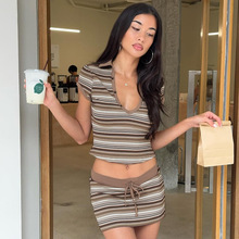 跨境欧美2025美式夏季新款条纹抹胸斜肩百搭显瘦修身包臀裙套装女