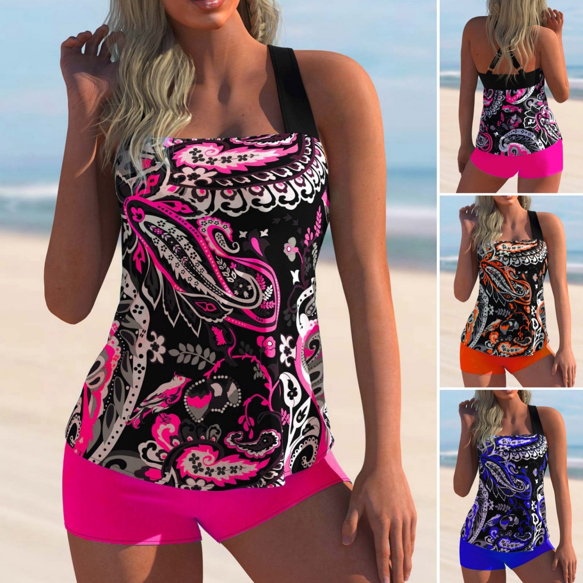 European and American Style Conservative Two-Piece Swimsuit for Women with Floral Pattern, Tummy-Concealing and Slimming Effect, Tankini Set, Plus Size, Suitable for Hot Springs and Vacation