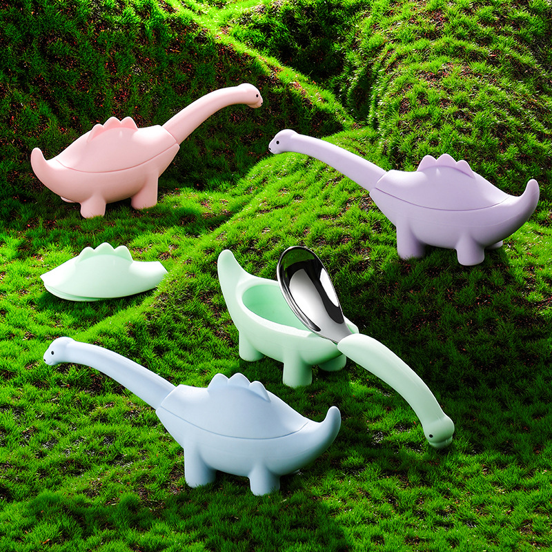 Children's Silicone Fork and Spoon Tableware 304 Tableware Set Baby Infant Cartoon Dinosaur Complementary Food Feeding Spoon