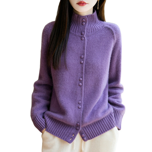 Heavy and thick 100% pure wool cardigan women's semi-turtleneck knitted sweater loose lazy warm base coat