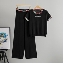 跨境欧美短袖针织阔腿裤套装女夏季时尚毛衣休闲长裤气质两件套潮