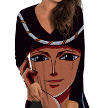 亚马逊 3D数码印花V领长袖女上衣 夏季女士性感简约舒适宽松T恤