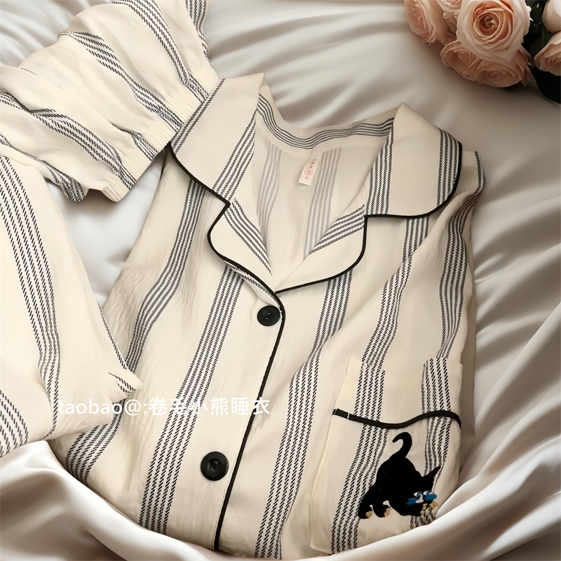 2025 New Couple Pajamas for Men and Women Summer Short-Sleeved Three-Piece Set Pure Cotton Gauze Cartoon Cute Home Wear Set