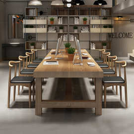 新中式长方形会议桌 现代会议室接待洽谈职工培训原木长条桌组合