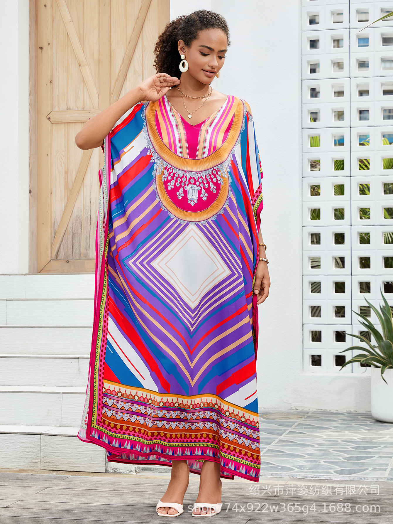 Camiseta de playa de algodón impresa bohemia vestido de manga de murciélago vestido bikini camiseta protector solar AT669